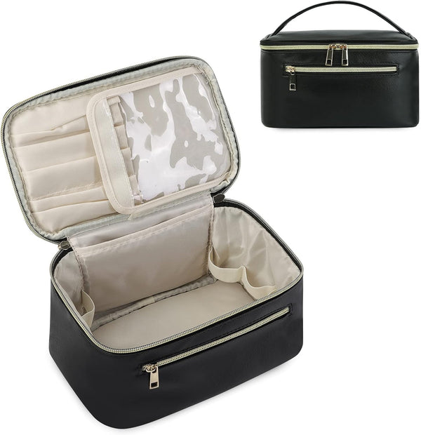 Makeup Bag, Travel Organizer Cosmetic Brush Case for Women in Vegan Leather, Black