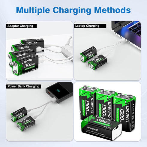 9V Rechargeable Batteries, 1300mAh 9 Volt Lithium with USB-C Charge and 2 in 1 Charging Cable, 2 Pack