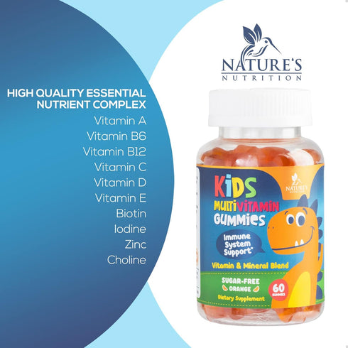 Nature's Nutrition Vitamins for Kids Multivitamin Gummies, Sugar Free, Vitamin C, B6, B12, D3 & Zinc for Children's