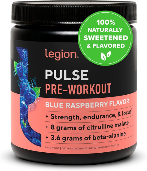 LEGION All Natural Nitric Oxide Preworkout Drink, Creatine Free, Beta Alanine, Citrulline, Alpha GPC, Blue Raspberry