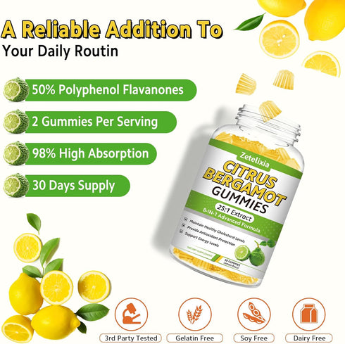 Zetelixia Gummies, Immune 60 Count Citrus Bergamot Citrus Bergamot Supplement for High Cholesterol, Cholesterol