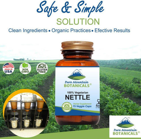 Pure Mountain Botanicals Stinging Nettle Leaf Capsules - 500mg Organic Nettle, Kosher Vegan, 60 Count