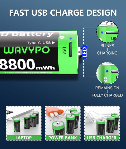 WAVYPO 8800mAh (4-Pack) Rechargeable D Lithium Batteries with Included USB-C Charging Cable, Rechargeable D Batteries