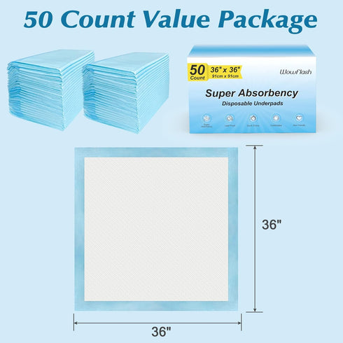 Wowflash 50 Count 36" 36" x Super Absorbency Disposable Underpads - Leakproof Quick Drying Pads for Baby, Puppy