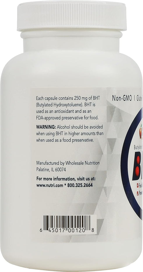 Wholesale Nutrition BHT Capsules - 250mg, 180 Caps Antioxidant & Preservative, Non-GMO, Gluten-Free, Made in The USA