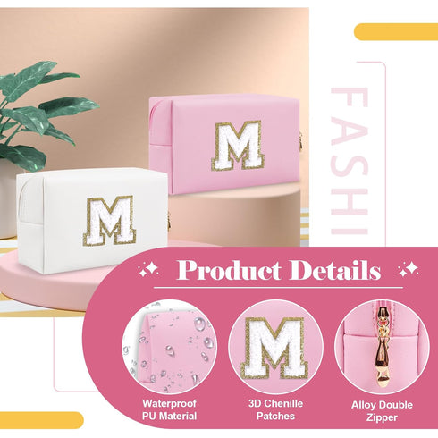 Personalized Initial A-Z Preppy Patch Makeup Bag, Small PU Chenille Letter Cosmetic Bag for Teen Girls