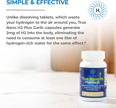 True Nano H2 with Garlic by H2 Universe - Molecular Hydrogen with Active Nanobubbles, 60 Capsules