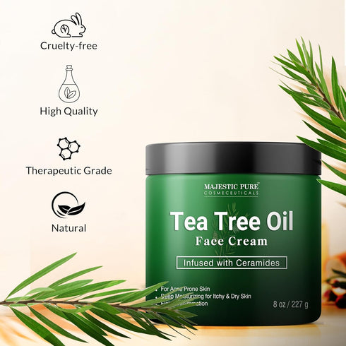 MAJESTIC PURE Tea Tree Oil Face Cream 8 Oz - Moisturizer for Dry Skin, Acne, and Scars
