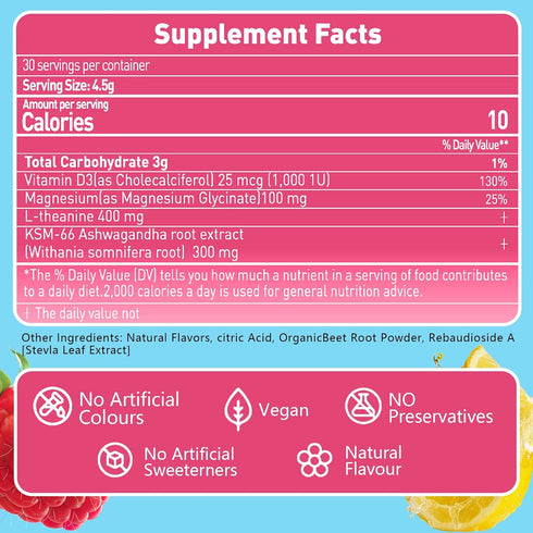 KSM66 D3, 30 Suiyilary Calm Magnesium Powder, Cortisol Supplements Drink Mix No Sugar for L-Theanine, Ashwagandha