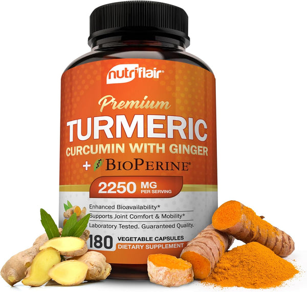 NutriFlair Turmeric Curcumin with Ginger & BioPerine - 180 Capsules, 95% Curcuminoids for Joint Support