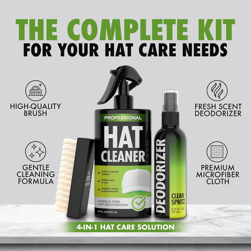 4-in-1 Professional Hat Cleaning Kit, Gentle Cleaner for Baseball Caps, Cowboy & Felt Hats with Deodorizer and Brush