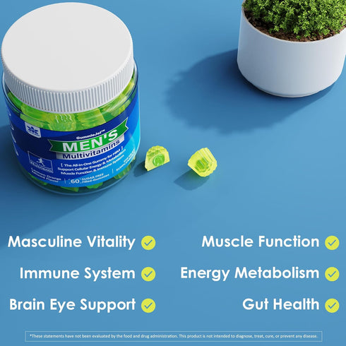 Mens Multivitamins Gummies, Multiminerals, Vegan Omega 3, CoQ10, Probiotics, Daily Vitamins A C D3 E B6 B12, 60 Cts