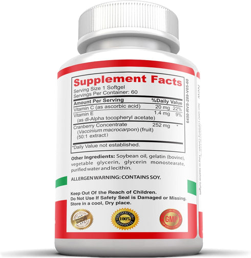 Non-GMO Cranberry Concentrated Softgels, 12,600mg - Triple Strength, 1 Bottle, Easy to Swallow for Men & Women