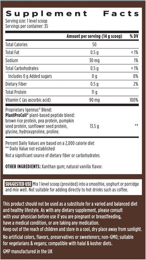 Advanced Vegan Vanilla Collagen Peptide Powder | Enhanced with Glycine, Proline & Vitamin C | 35 Servings