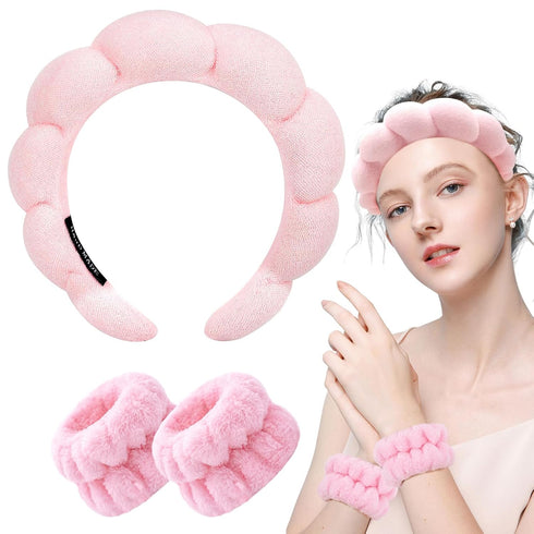 Spa Headband for Washing Face, Wristband Sponge Makeup Skincare Headband, Non-Slip Thick Hair Accessory (Pink)