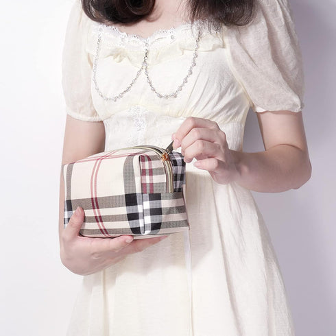 MAANGE Small Makeup Bag for Purse, 2 PCS Leather Travel Pouch, Portable Zipper Makeup Brushes Bag - Khaki Plaid