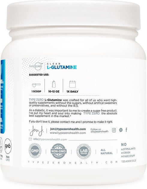 Type Zero L-Glutamine Powder (500G) Pure Vegan Supplement, Gluten Free, No Fillers