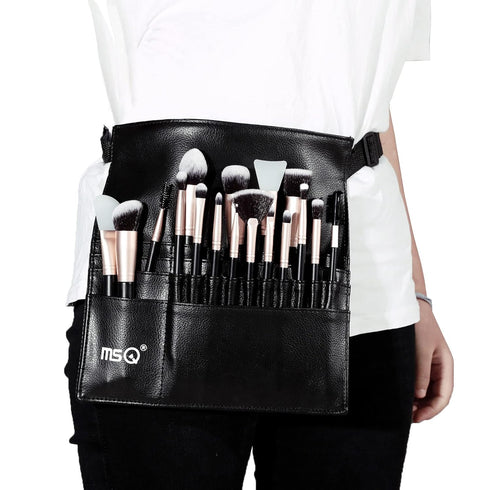 MSQ 23 Pockets Professional Makeup Brush Bag, Adjustable PU Leather Organizer with Artist Belt Strap