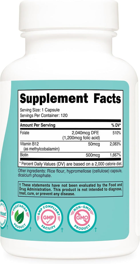 Nutricost Folic Acid for Women, 1200 mcg, 120 Capsules with B12 and Biotin