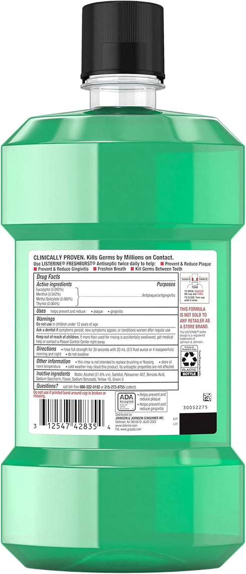 Listerine Freshburst Antiseptic Mouthwash, Kills 99% of Germs, Spearmint, 1 L, ADA Accepted