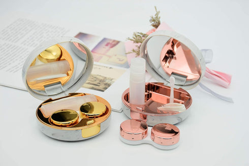 2 Pack Marble Contact Lens Case, All-in-One Travel Contact Container Soak Storage Kit (Rose Gold + Gold)