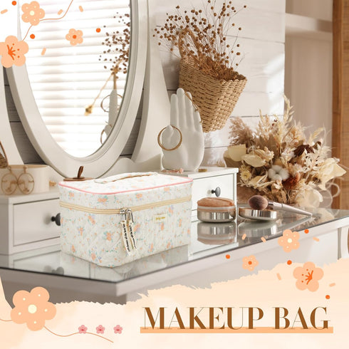 3 Pcs Quilted Makeup Bag, Large Floral Cosmetic Bag, Cute Kawaii Toiletry Pouch with Zipper for Women Gifts (Apricot