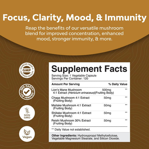Advanced Lion's Mane Mushroom Supplement - 5X Fruiting Body Complex with Chaga, Maitake, Shiitake, Reishi (120 Caps)
