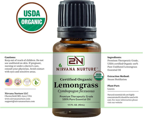 Lemongrass Essential Oil, USDA Certified Organic 100% Pure Therapeutic Grade for Aromatherapy and Skin Care