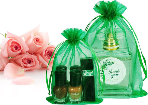 50Pcs 3x4 Inch Organza Bags with Drawstring - Green Small Mesh Gift Jewelry Candy Pouch for Christmas Wedding