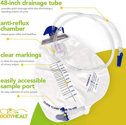BodyHealt Foley Catheter Bag, Urinary Drainage Bag with Anti-Reflux Chamber, 2000 mL Volume, 48" Drainage Tube