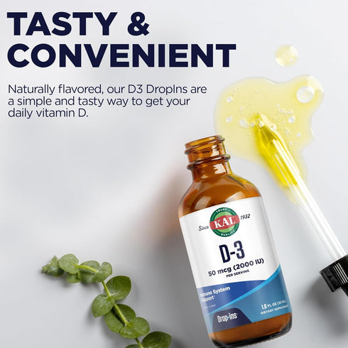 KAL Vitamin D3 2000 IU (50 mcg) DropIns, Liquid Vitamin D3 Drops for Bone Strength and Immune Support