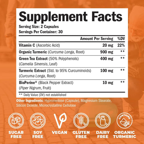 Green Tea Extract Capsules with Organic Turmeric Curcumin, Black Pepper & Vitamin C, 60 Capsules
