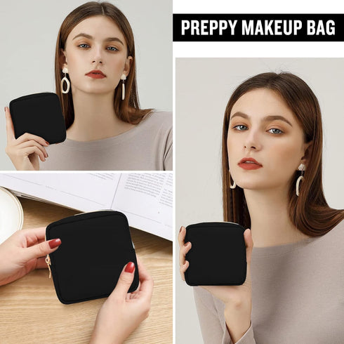 Nylon Mini Makeup Bag for Purse, Preppy Small Black Zipper Pouch, Waterproof Travel Coin Pouch for Women (Black)