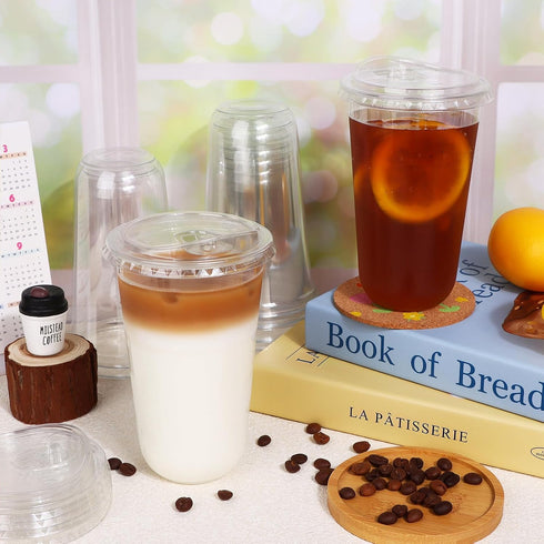 Mkhaslri 50 Sets Stemless 20 oz) Disposable Glasses With Strawless Sip Lids,PET Drinking Cups,Clear Plastic Coffee Cups