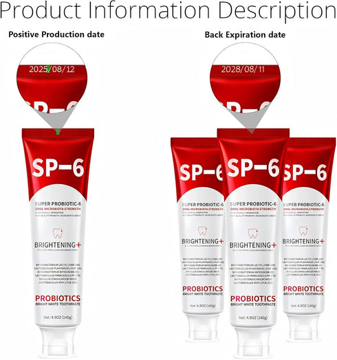SP-6 Toothpaste,SP6 6 Probiotic Toothpaste for Whitening Teeth & Fresh Breath, Probiotics Formula, Fluoride-Free