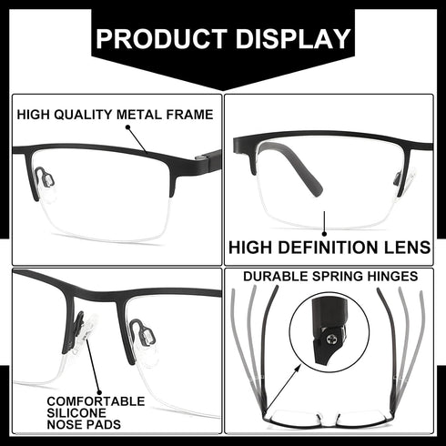 Blue Light Filtering Reading Glasses 5 Pack, Metal Half-Frame Spring Hinges Readers for Men, Anti Glare UV Protection