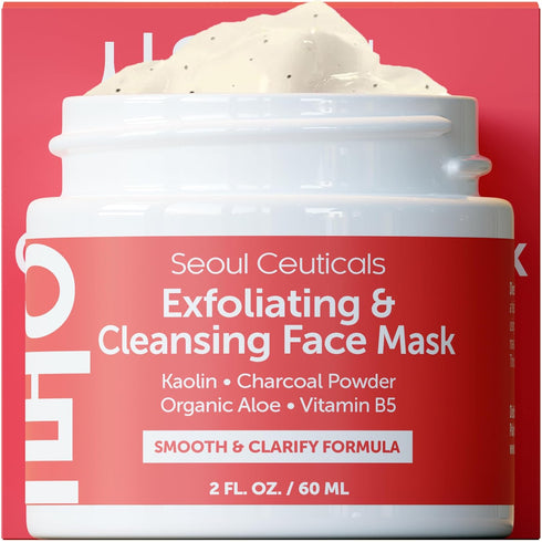 SeoulCeuticals Korean Face Scrub, 2oz, Exfoliating Face Mask for Glass Skin - Kaolin Clay + Charcoal Cream Exfoliant