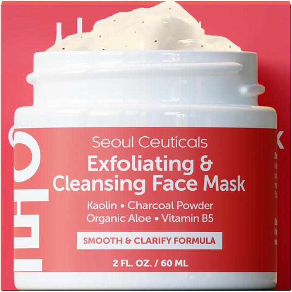 SeoulCeuticals Korean Face Scrub, 2oz, Exfoliating Face Mask for Glass Skin - Kaolin Clay + Charcoal Cream Exfoliant