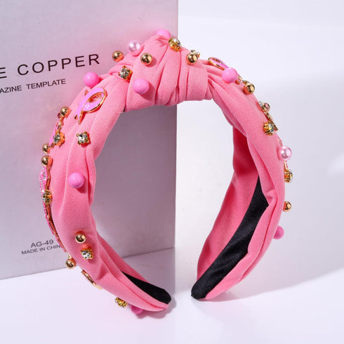 Pink Headband Pearl Crystal Hope Ribbon Knotted Headband Hair Accessories for Women (Beaded Hope)