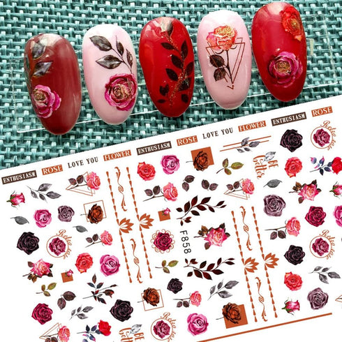 Flower Nail Art Stickers Decals 6 Sheets, Spring Rose 3D Self-Adhesive Nail Stickers for Women
