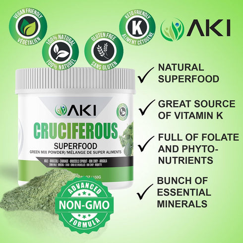 AKI Cruciferous Superfood Green Mix Powder, Made from Kale, Broccoli, Brussels Sprouts, 5.3oz/150g