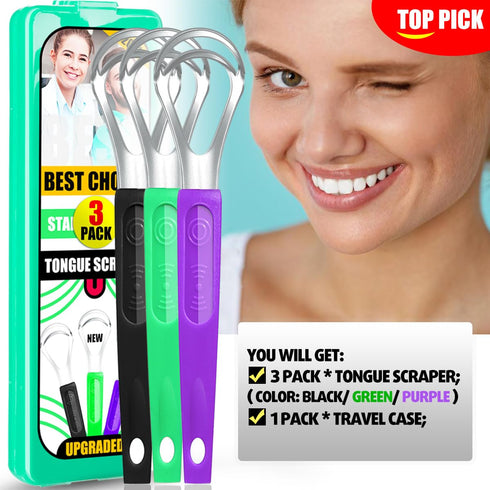 3 Pack Metal Tongue Scrapers, Stainless Steel Cleaner Scrubber for Kids Adults with Travel Case