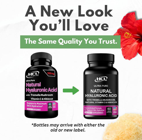 Natural Hyaluronic Acid Supplement, 5X Stronger Hydration Pills from Pure Tremella Mushroom with Vitamin C & Hibiscus