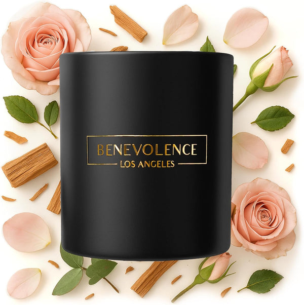 Rose & Sandalwood Scented Candle by Benevolence LA | 8oz Soy Candle, Black Home Fragrance | Gifts for Women and Men
