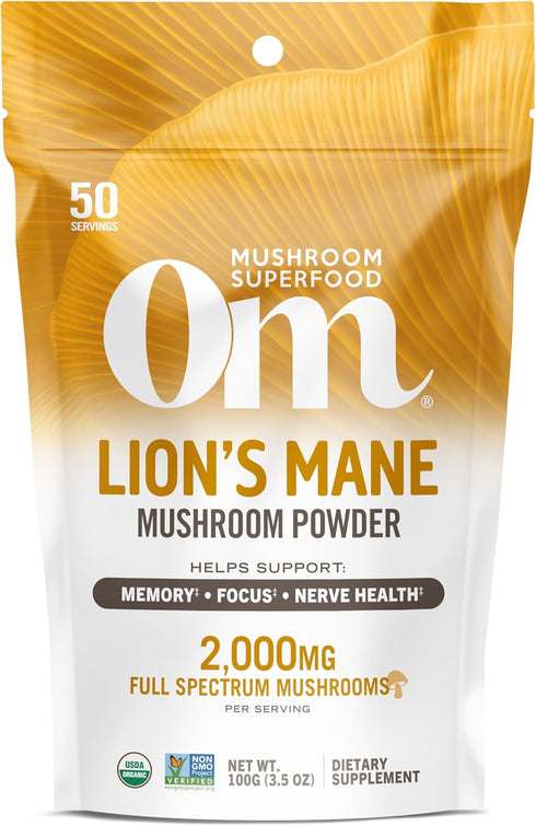 OM MUSHROOM SUPERFOOD Lion's Mane Organic Mushroom Powder, 3.5 oz, 50 Servings, Improves Memory & Focus