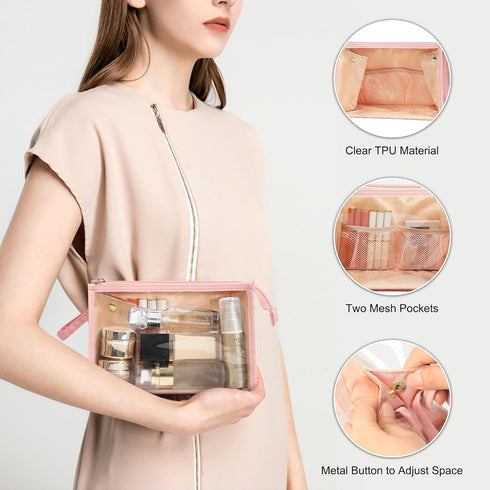 MONSTINA Clear Makeup Bag, Large Capacity Portable Travel Cosmetic Case, Waterproof Toiletry Bag, Pink