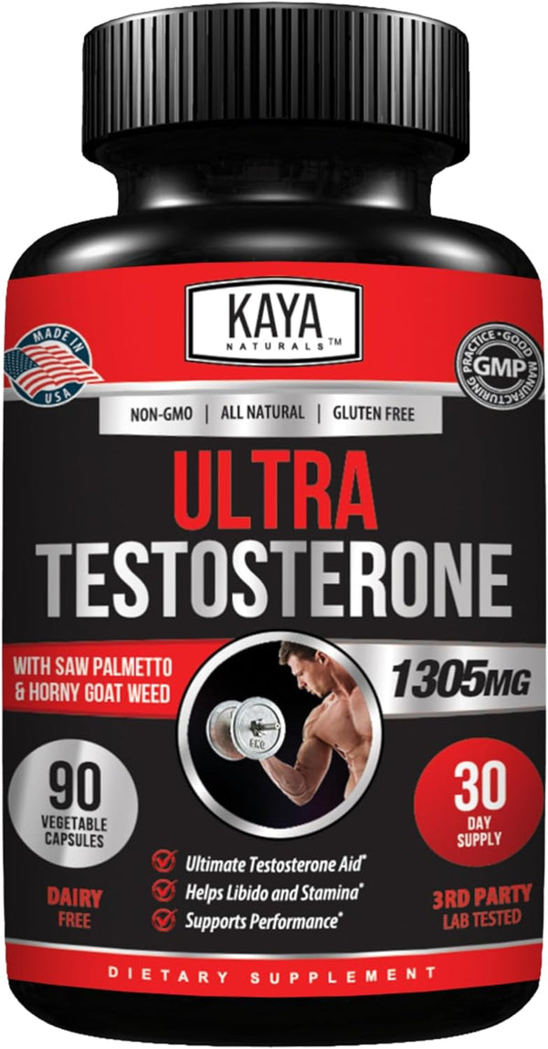 Kaya Naturals Ultra Testosterone - Men's Booster with Tongkat Ali, Horny Goat Weed, Tribulus - 90 Count
