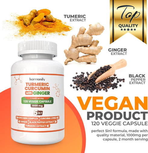 Turmeric Curcumin Supplement 5 in 1 Formula with Ginger, Ceylon Cinnamon, Black Pepper, 1000 mg, 120 Capsules