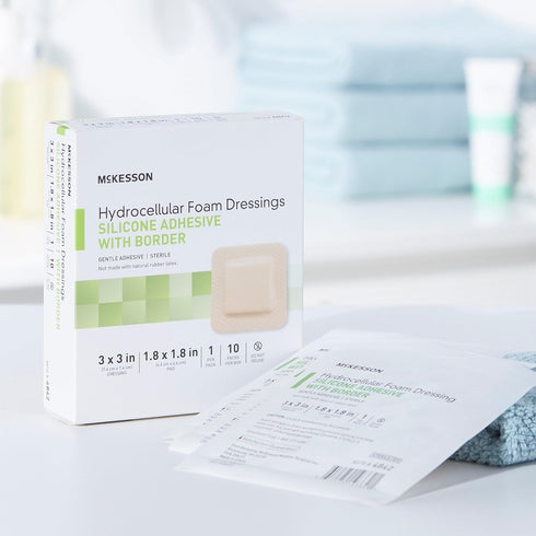 McKesson Hydrocellular Foam Dressings, Sterile Silicone Adhesive with Border, 10 Count, 3 in x 3 in