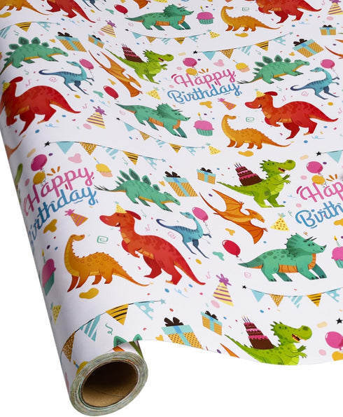 RayofSun Gift Wrapping Paper Roll,Cute Dinosaurs Happy Birthday Wrapping Paper for Boys,Wrapping